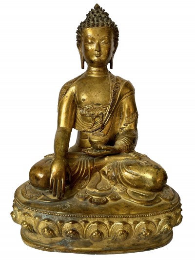 Nepali Statue Of Shakyamuni Buddha, [copper Gold Plated], [antique Finishing]