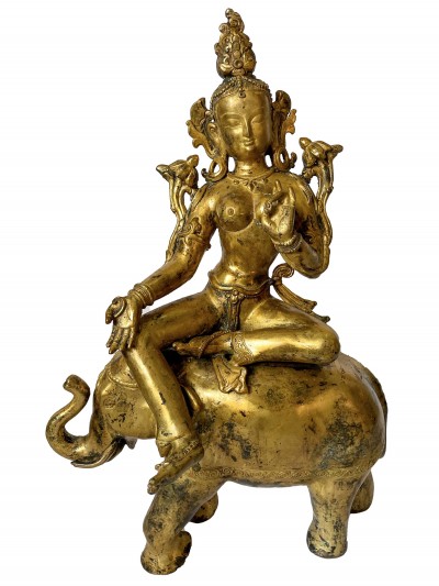 Nepali Statue Of Green Tara On Elephant, [copper Gold Plated], [antique Finishing]