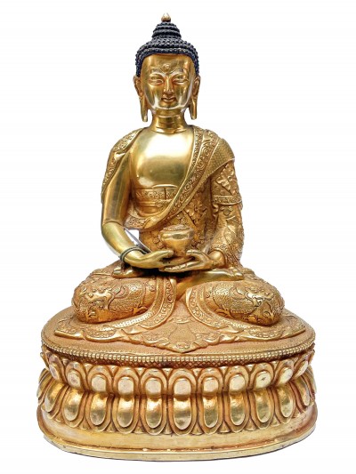 Nepali Statue Of Shakyamuni Buddha, [full Gold Plated], With Deep Carving