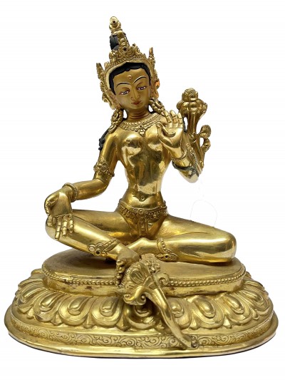 [old Stock], Nepali Statue Of Arya Green Tara, [full Gold Plated], [newari Style]
