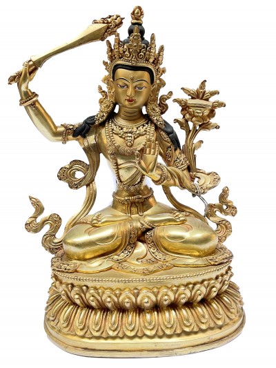 Nepali Statue Of Manjushri, [full Gold Plated]
