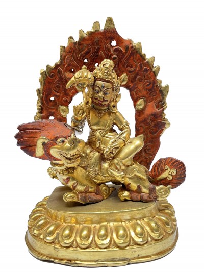 Nepali Statue Of Lion Namtose Vaisravana Jambhala, [full Gold Plated]