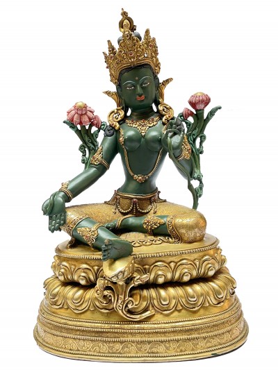 Nepali Statue Of Green Tara, [partly Gold Plated], [traditional Color Finishing]