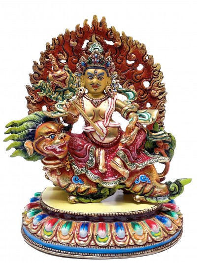 Nepali Statue Of Namtose Vaisravana, Kuber On Lion, [partly Gold Plated], [painted Face]
