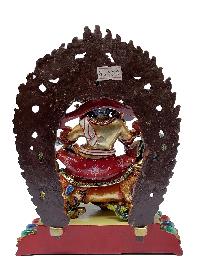 Nepali Statue Of Namtose Vaisravana, Kuber On Lion, [partly Gold Plated], [painted Face]