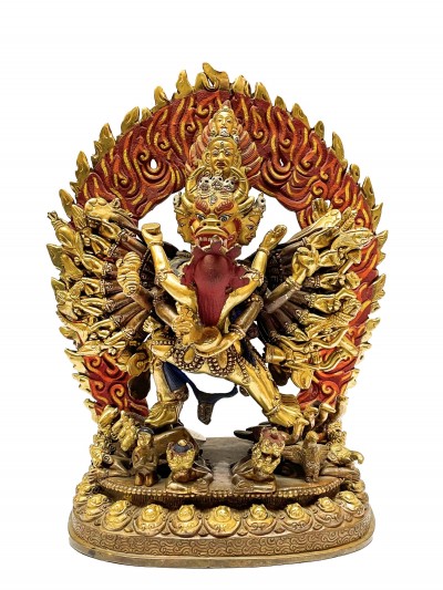 Nepali Statue Of Yamantaka, [partly Gold Plated], [painted Face], Megasambhara, Vajrabhairava Heruka