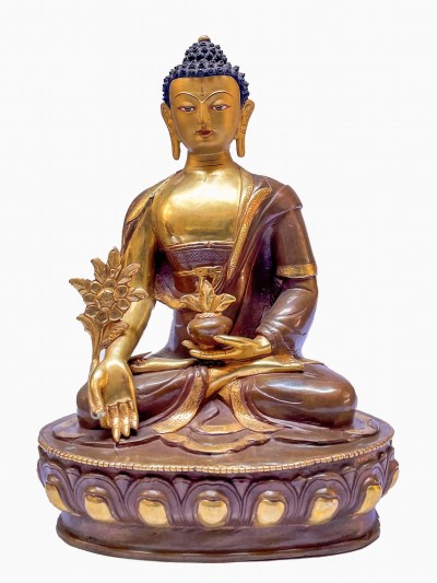 Nepali Statue Of Medicine Buddha, [partly Gold Plated], [painted Face]