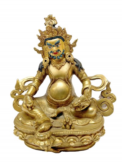 Nepali Statue Of Yellow Jambhala, [full Gold Plated], [painted Face]