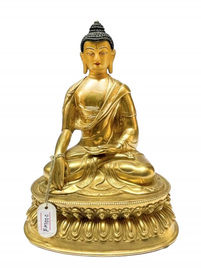 Nepali Statue Of Shakyamuni Buddha, [full Gold Plated], [painted Face]