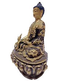 [old Stock], Nepali Statue Of Medicine Buddha, [partly Gold Plated], [painted Face], Deep Carving