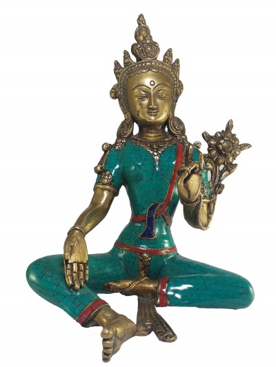 Statue Of Green Tara With [real Stone Setting]