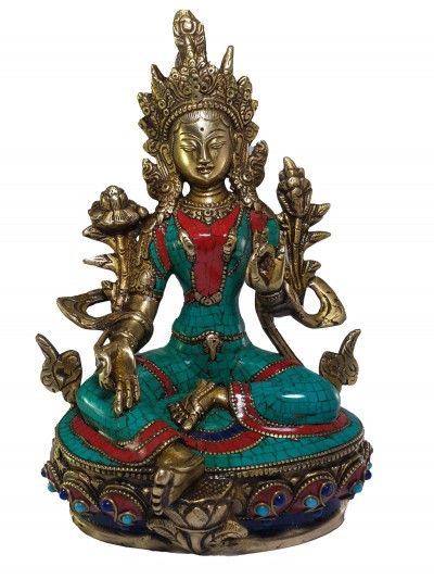 Statue Of Green Tara With [real Stone Setting]