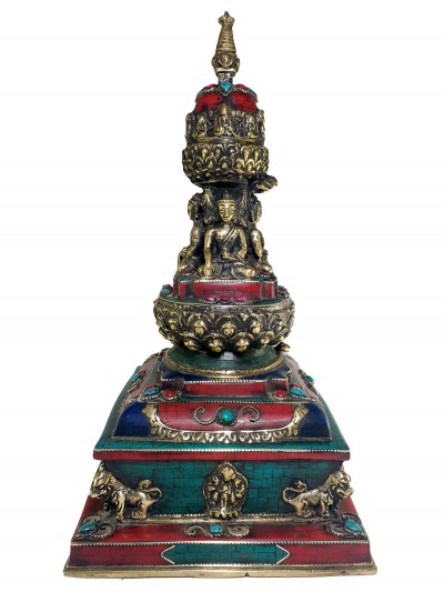 Statue Of Stupa With Shakyamuni, Amitabha, Ratnasambhava, Dipankara Buddha With [real Stone Setting], Better Work