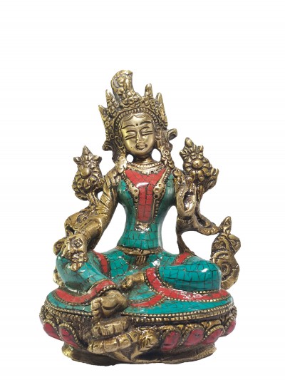 Statue Of Green Tara With [real Stone Setting]