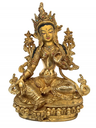 Handmade Nepali Statue Of Green Tara, [full Gold Plated]