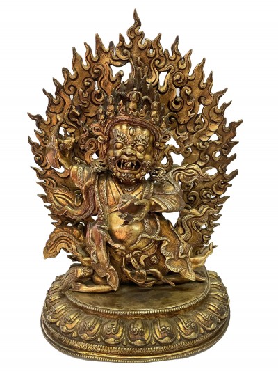 Nepali Handmade Statue Of Mahakala Of The Black Cloak With 2 Arms, [fire Gold Plated]