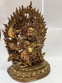 Nepali Handmade Statue Of Mahakala Of The Black Cloak With 2 Arms, [fire Gold Plated]