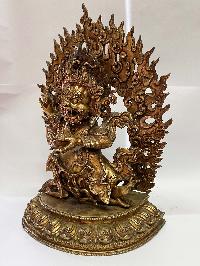 Nepali Handmade Statue Of Mahakala Of The Black Cloak With 2 Arms, [fire Gold Plated]