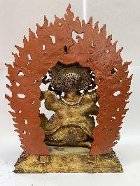 Nepali Handmade Statue Of Mahakala Of The Black Cloak With 2 Arms, [fire Gold Plated]