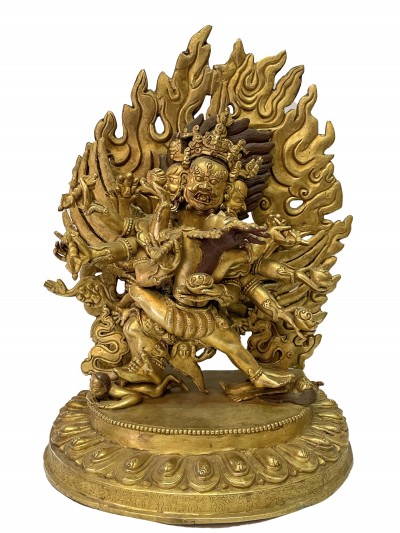 Nepali Handmade Statue Of Hayagriva - Heruka With Consort, [shakti], Yab-yum, [fire Gold Plated]