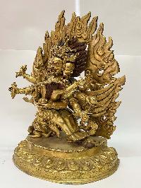 Nepali Handmade Statue Of Hayagriva - Heruka With Consort, [shakti], Yab-yum, [fire Gold Plated]