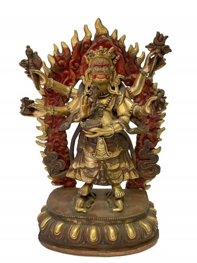 Nepali Handmade Statue Of White Mahakala, [partly Gold Plated]