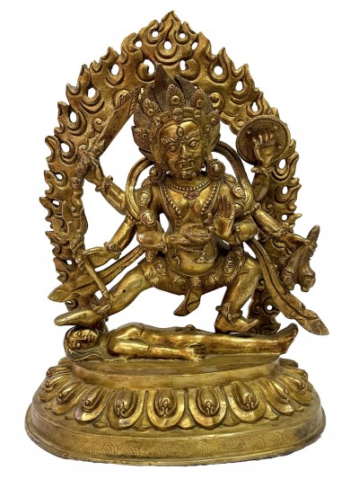Nepali Handmade Statue Of Black Mahakala - Black, [full Gold Plated]