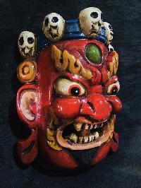 Mahakala Mask, Handmade Wooden Mini Mask, [painted Red], Poplar Wood