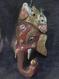 Ganesh Mask, Handmade Wooden Mask, [painted Red, Metal Inlaid], Poplar Wood