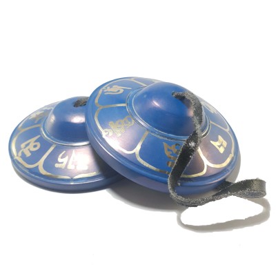 Bronze Tingsha - Om Lotus [painted Blue]