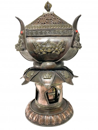 Hand Beaten Metal Incense Burner, Lotus Design With Stand And Prayer Wheel, [makal, Maka, Incense Burner]