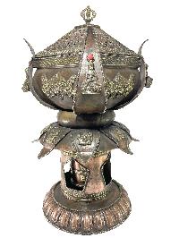 Hand Beaten Metal Incense Burner, Lotus Design With Stand And Prayer Wheel, [makal, Maka, Incense Burner]