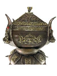 Hand Beaten Metal Incense Burner, Lotus Design With Stand And Prayer Wheel, [makal, Maka, Incense Burner]