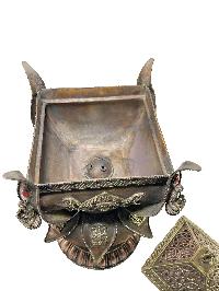 Hand Beaten Metal Incense Burner, Lotus Design With Stand And Prayer Wheel, [makal, Maka, Incense Burner]