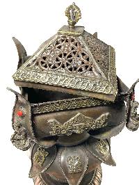 Hand Beaten Metal Incense Burner, Lotus Design With Stand And Prayer Wheel, [makal, Maka, Incense Burner]