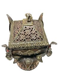 Hand Beaten Metal Incense Burner, Lotus Design With Stand And Prayer Wheel, [makal, Maka, Incense Burner]