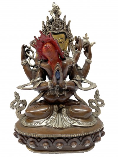 Nepali Handmade Statue Of Chenrezig With Consort, [shakti], Yab-yum, [chocolate Oxidized], [painted Face]
