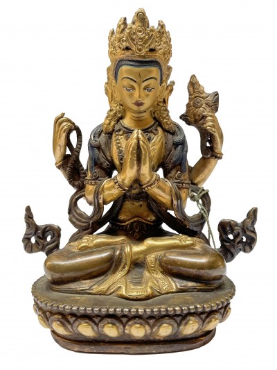 Nepali Handmade Statue Of Chenrezig, [partly Gold Plated], [painted Face]