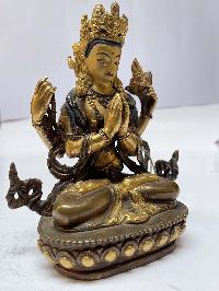 Nepali Handmade Statue Of Chenrezig, [partly Gold Plated], [painted Face]