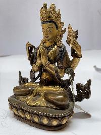 Nepali Handmade Statue Of Chenrezig, [partly Gold Plated], [painted Face]