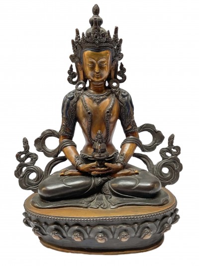 Nepali Handmade Statue Of Aparimita Buddha, [chocolate Oxidized], Chepame, Amitayus