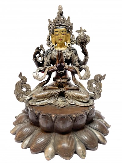 Nepali Handmade Statue Of Chenrezig, [chocolate Oxidized], [painted Face]