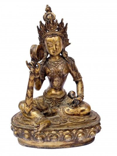 Buddhist Statue Of Green Tara, [full Fire Gold Plated], Antique Finishing