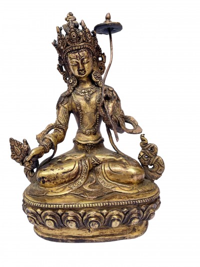 Buddhist Statue Of Sitatapatra - Umbrella Goddess - Dugar, [full Fire Gold Plated], Antique Finishing