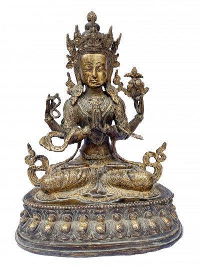 Buddhist Statue Of Chenrezig, [full Fire Gold Plated], Antique Finishing