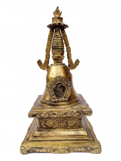 Buddhist Parinirvana Stupa -nyangde Chorten, [full Fire Gold Plated], Antique Finishing