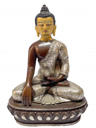 Buddhist Statue Of Shakyamuni Buddha, [silver And Chocolate Oxidized], [painted Face]