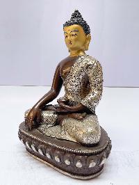 Buddhist Statue Of Shakyamuni Buddha, [silver And Chocolate Oxidized], [painted Face]