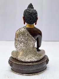 Buddhist Statue Of Shakyamuni Buddha, [silver And Chocolate Oxidized], [painted Face]