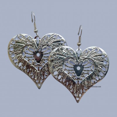 Metal Earring [heart Shape], Silver Wash